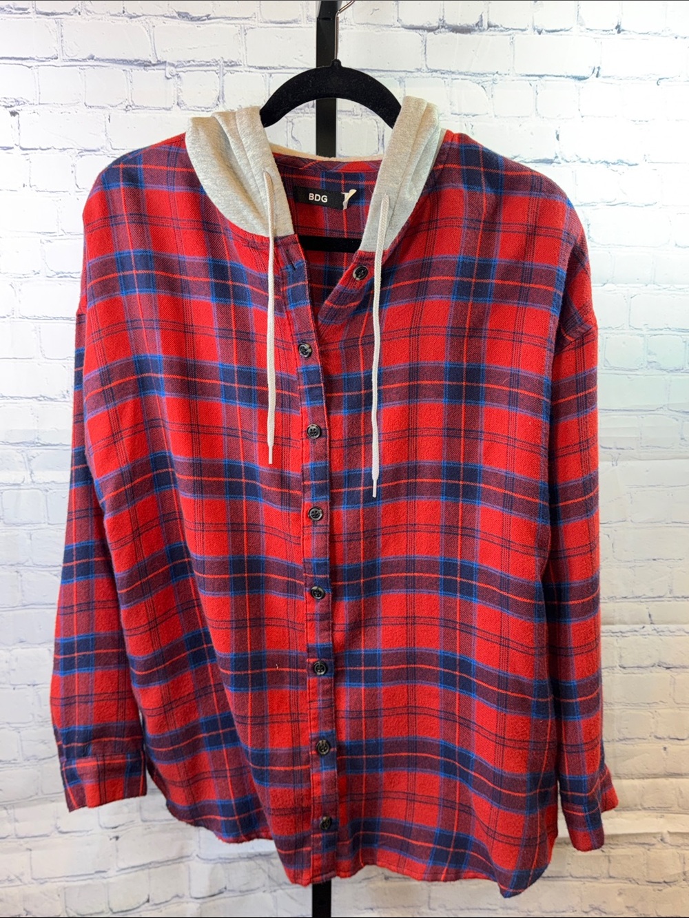 BDG Red & Blue Plaid Button-Up Shirt with Cream Hood